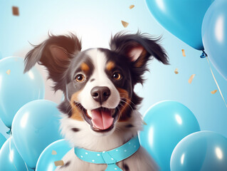Happy border collie dog with blue balloons background - ai generative
