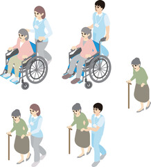 Fototapeta premium アイソメトリック 俯瞰 人物 シニア 車椅子 女性 医療 介護 イラスト素材セット