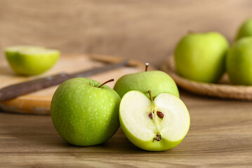 Green apple fruit on wooden background, Healthy fruit