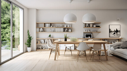Scandinavian Indoor Design: Inspiring Real-Estate Rooms, Nature-Inspired new modern loft apartment. 3d rendering
Generative AI