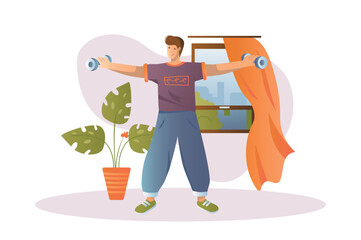 Sport at home concept with people scene in the flat cartoon design. The guy does exercises with dumbbells. Vector illustration.