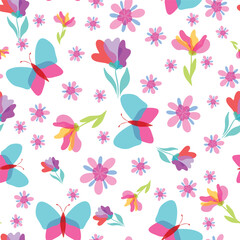 Vector repeat pattern minimal butterfly and flowers