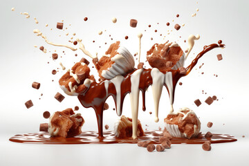 Variety Chocolate Pralines and Pieces Splashed Falling into Liquid Hot Chocolate extreme closeup. Generative AI