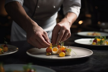 Obraz na płótnie Canvas A Chef's Hands Skillfully Preparing a Delicious Gourmet Dish extreme closeup. Generative AI