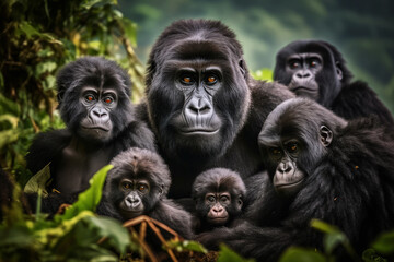 Fototapeta premium Portrait of a Strong Beautiful Loving Family of Gorillas extreme closeup. Generative AI