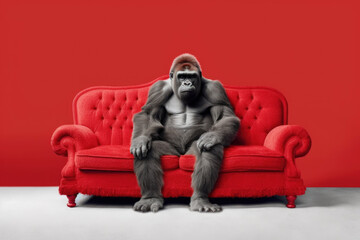 Cute Funny Gorilla Relaxon Sitting Relaxed on the Red Couch in White Empty Room extreme closeup. Generative AI