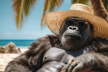 Beautiful Cute Funny Gorilla in a Hat and Sunglasses Relaxes on the Ocean Beach extreme closeup. Generative AI