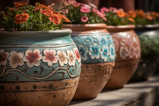 Terracotta pots colorful. Generate Ai