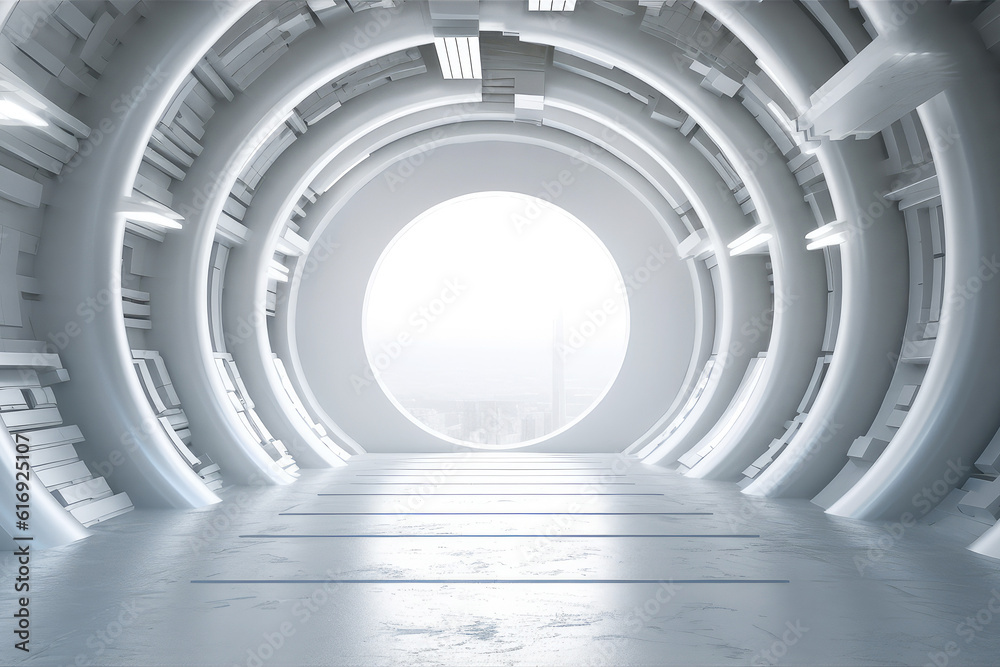 Poster Futuristic Empty White Tunnel with a Light from the End extreme closeup. Generative ai