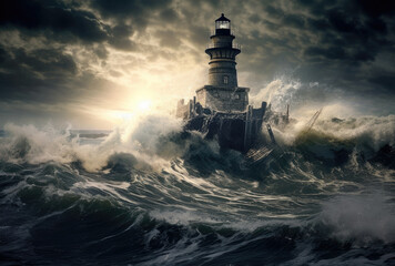 Lighthouse in a Big Waves Stormy Sea or Ocean and Dark Clouds Sky. Generative AI