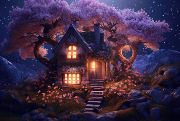 Beautiful Magic Fairy House in Fairy Forest extreme closeup. Generative AI