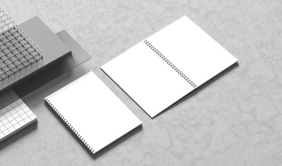 Spiral binder notebook mock up isolated on light gray background. 3D illustration