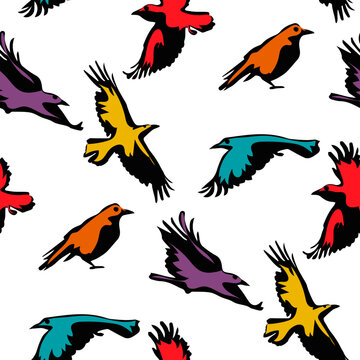 A pattern of black ravens with a bright multicolored glow from the spotlight. Colorful texture on a white background for a holiday. In the Halloween theme. Printing on textiles and paper, packaging