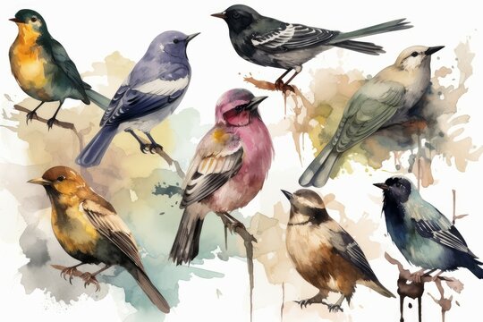 Watercolor birds set. Generate Ai