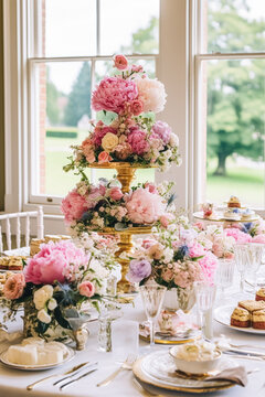 Wedding cake with floral decor, party celebration and holiday dessert catering in a country garden, generative ai