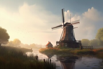 Fototapeta premium Windmill river. Generate Ai
