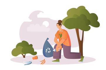 Obraz na płótnie Canvas People collecting garbage concept with people scene in the flat cartoon style. People clean up garbage on the street. Vector illustration.