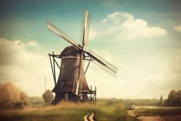 Fototapeta premium Windmill river summer. Generate Ai