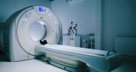 Shoot without people. View of steryl tomography room. Medical equipment for MRI. Scanning capsule...