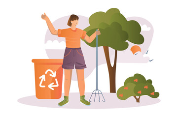 People collecting garbage concept with people scene in the flat cartoon design. The girl cleans the yard from garbage. Vector illustration.