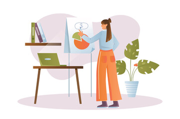 Business process concept with people scene in the flat cartoon style. The girl is preparing to present her business idea. Vector illustration.
