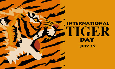 International Tiger Day on July 29. The big head of the aggressive tiger profile growls. Portrait of an evil tiger. Suitable for printing on postcards, banners, flyers. Person warning attack, danger