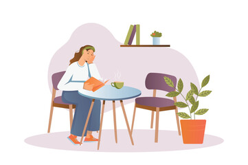 People reading books concept with people scene in the flat cartoon design. The girl is reading a book in the kitchen. Vector illustration.