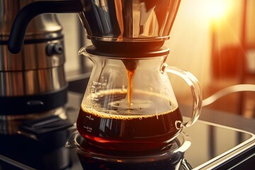 A close-up shot of a drip coffee maker in the process of brewing coffee. The photo captures the moment when the hot water drips onto the coffee grounds.