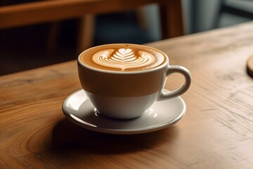 A photograph of a cup of coffee with intricate latte art, sitting on a rustic wooden table, taken from a perspective level with the table.