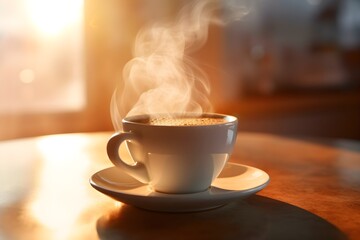A close-up shot of a cup of hot coffee set against the morning sunlight, steam rising from the surface of the brew creating a dreamy atmosphere.