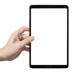 Hand holding black tablet, cut out