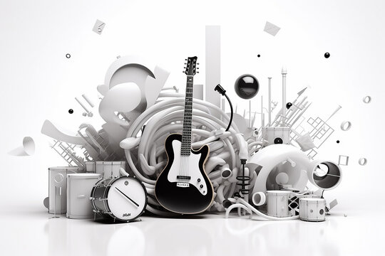 Naklejka white background musical style theme abstract musical instruments 3d mockup. Generative AI