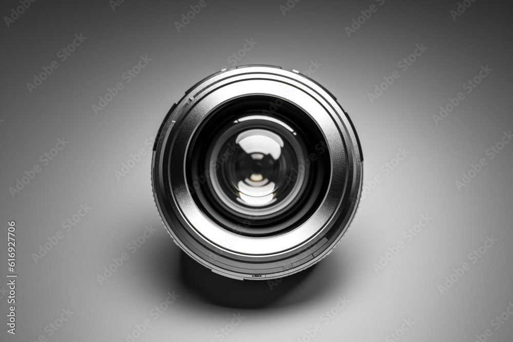 Poster An artistic black and white image of a camera lens, emphasizing its sleek design and minimalist aesthetic.  Generative AI technology.