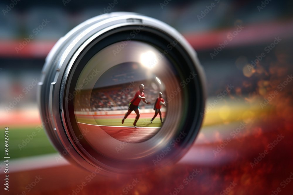 Poster  A dynamic shot of a camera lens capturing a fast-moving subject, such as a sports event or wildlife, freezing the action with precision.  Generative AI technology.