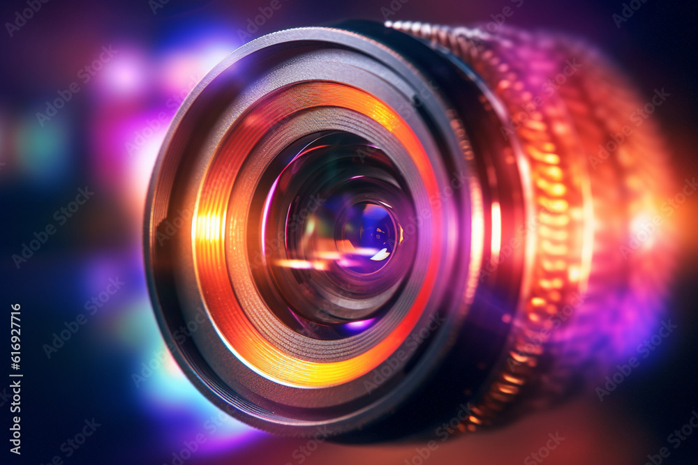 Poster  An abstract photograph of light passing through a camera lens, creating beautiful lens flare and bokeh effects.  Generative AI technology.