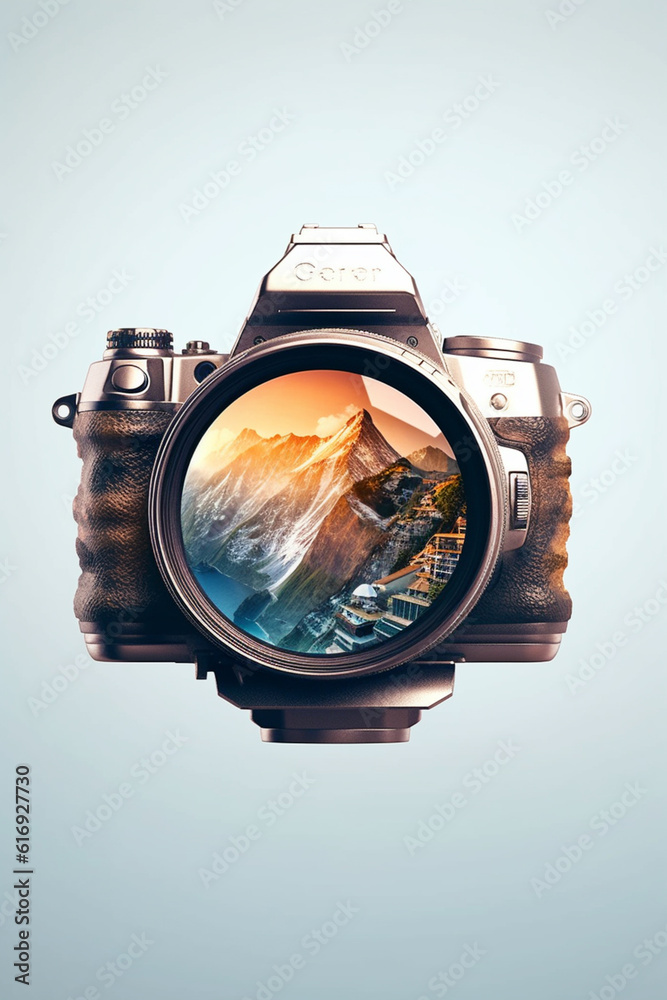 Poster a creative double exposure image combining a camera lens with an iconic landmark or scenic landscape