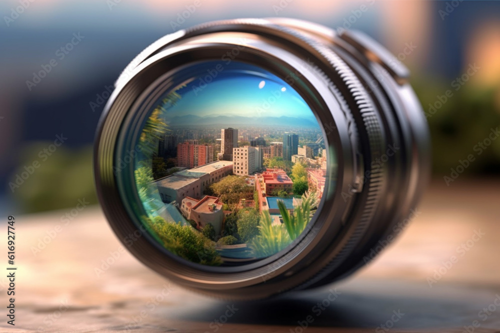 Poster a reflective photograph of a camera lens capturing the surrounding environment, reflecting the beaut