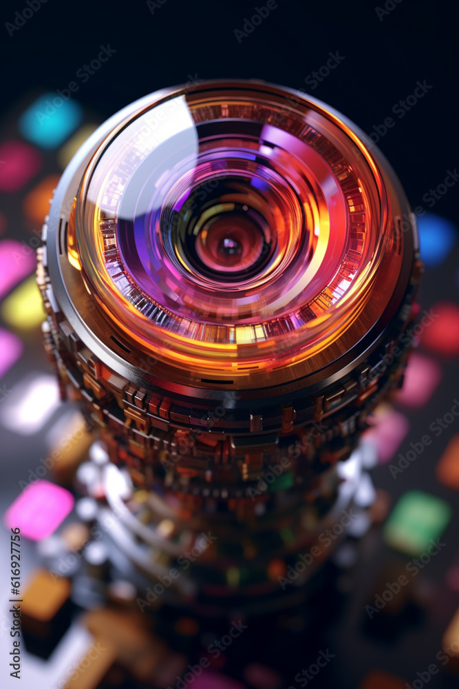 Poster a time-lapse photograph capturing the rotation of a camera lens as it adjusts focus, illustrating th