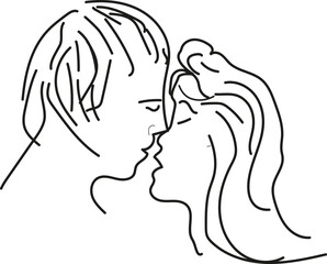 Line art couple. Romantic kiss of lovers, loving couple kissing vector isolated. Line art men and woman. Kiss print, valentines day 