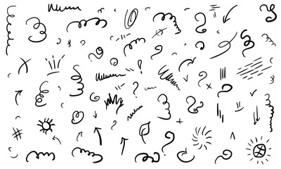 Abstract arrows, ribbons, crowns, hearts, explosions and other elements in a hand-drawn style for conceptual design. Illustration in the form of doodles. Template for registration