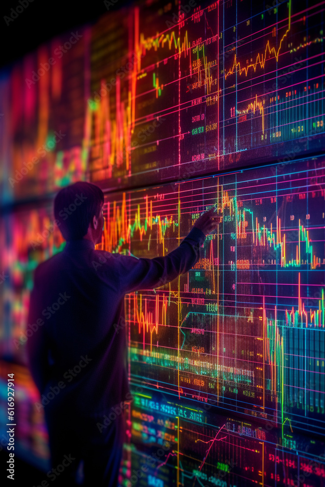 Aufkleber a photograph of a trader pointing at specific lines on a stock market chart, emphasizing the importa