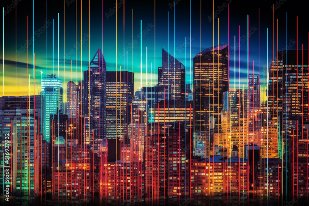Aufkleber a conceptual image of stock market chart lines merging with city skyscrapers, symbolizing the influe