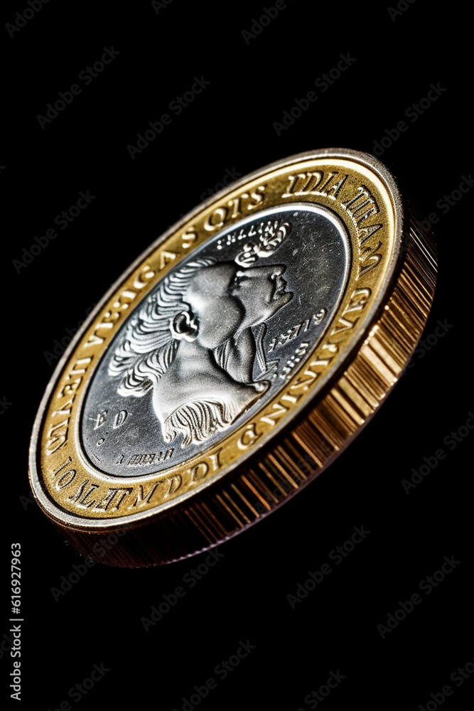 Fototapete  A macro photograph of a falling dollar coin captured in motion, creating a sense of movement and capturing the dynamic nature of currency fluctuations. Generative AI technology.