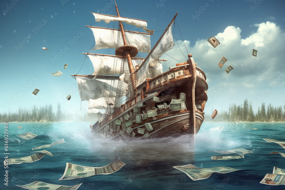 Aufkleber an illustration of a sinking ship with a dollar sign on its sail, representing the sinking value of 