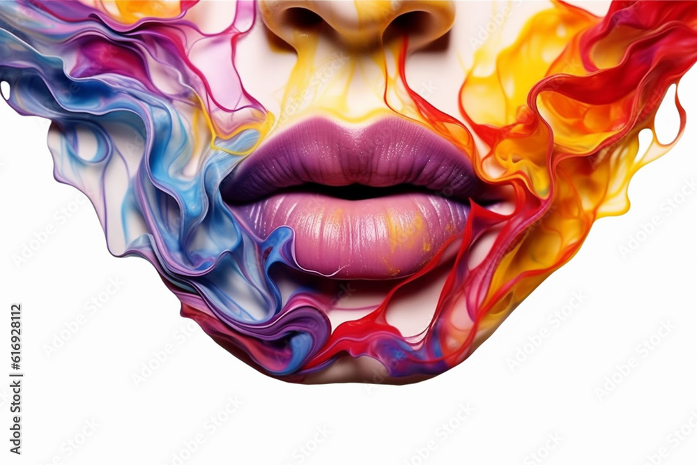 Poster An abstract ink painting of flowing and intertwined lips, representing the fluidity and connection of human emotions and experiences.  Generative AI technology.