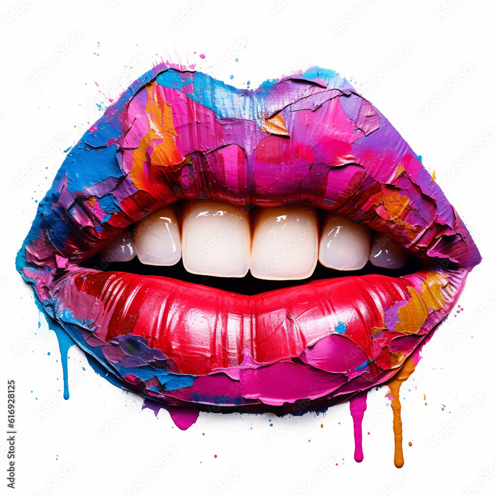 Aufkleber an abstract mixed media artwork of lips created with layers of acrylic paint, textures, and collage 