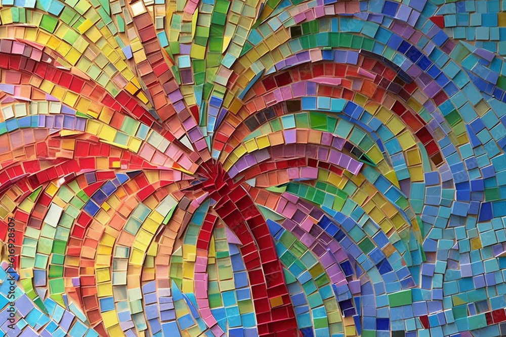 Leinwandbilder A mosaic-style composition of abstract palm motifs using colorful tiles or glass fragments, adding a touch of whimsy and visual interest to any space. Generative AI technology.