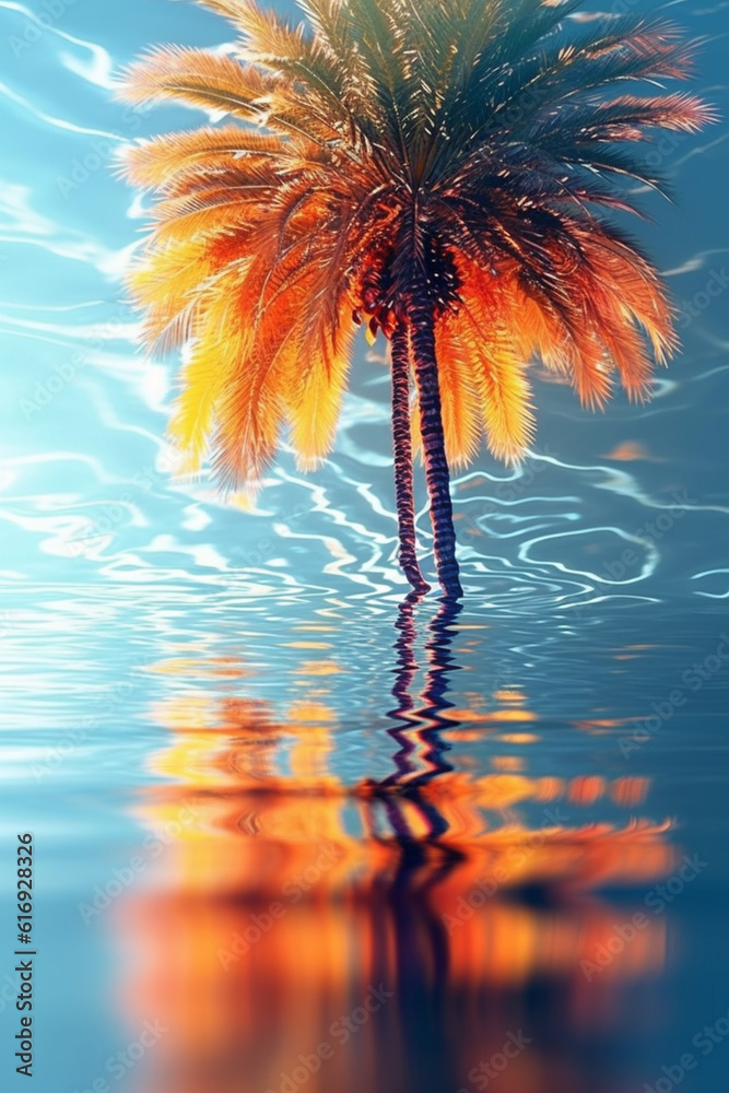 Leinwandbilder an experimental photography of abstract palm tree reflections captured in water or glass surfaces, r