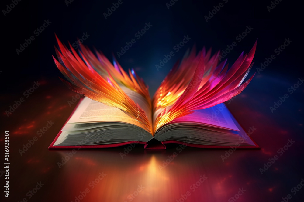 Poster  A digital composition of a book with pages unfolding like wings, symbolizing the freedom and liberation that comes from education and the pursuit of knowledge.  Generative AI technology.