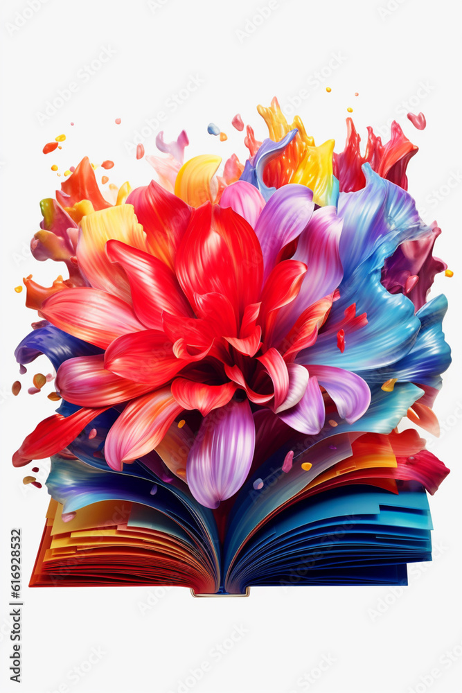 Aufkleber an illustration of an abstract book unfolding like a flower, with vibrant petals representing differ